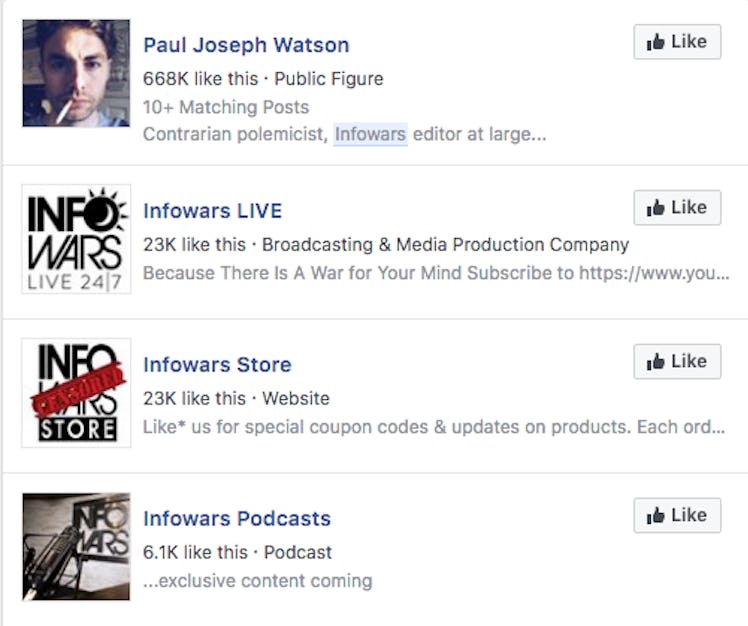 InfoWars pages on Facebook