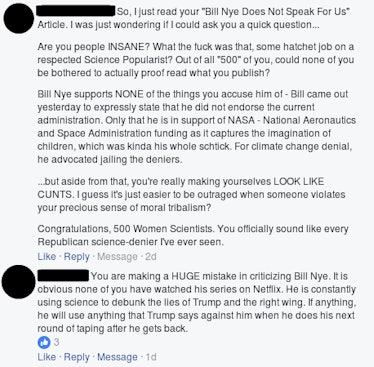 Comments on the 500 Women Scientists Facebook page.