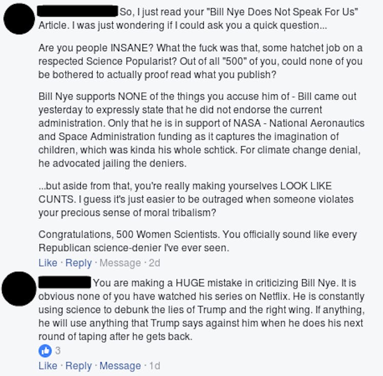 Comments on the 500 Women Scientists Facebook page.