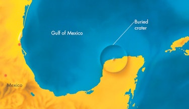 The Chicxulub crater, on the Yucatan peninsula is believed to be the impact that killed the dinosaur...