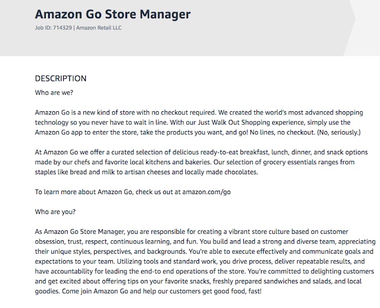 A portion of the job posting for the manager position at the NYC Amazon Go store.