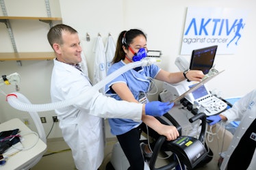 This picture shows Memorial Sloan Kettering Exercise Physiologist Dan Townend conducts a cardiopulmo...