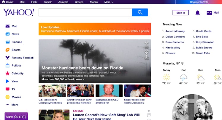 An image shows the Yahoo homepage with prominent sign-in buttons in the top-right corner.