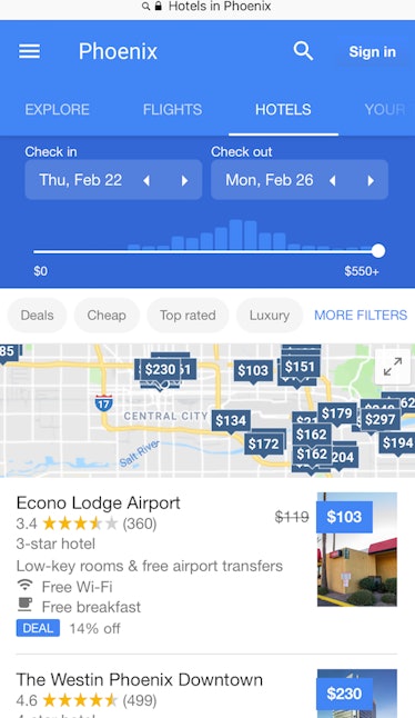 Google search results for hotels in Phoenix