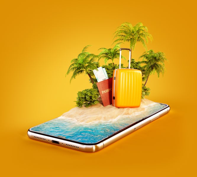 A suitcase, palm trees, and passport placed on a smartphone with waves on it 