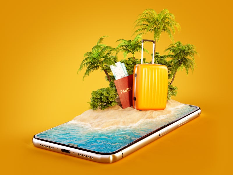 A suitcase, palm trees, and passport placed on a smartphone with waves on it