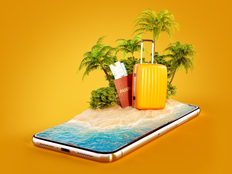 A suitcase, palm trees, and passport placed on a smartphone with waves on it 