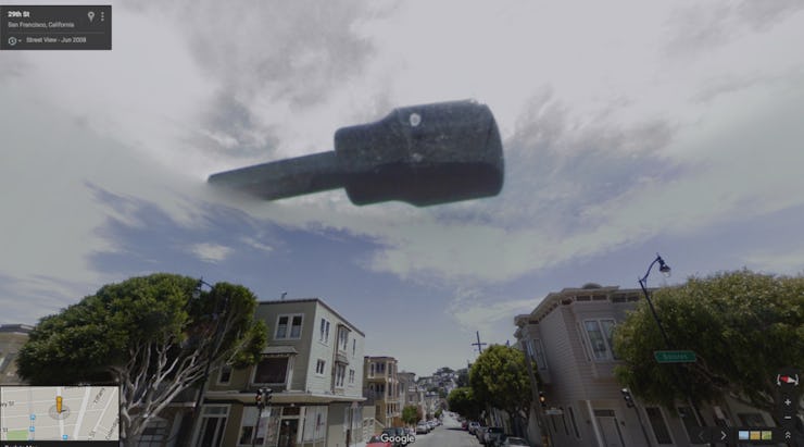 A Google Street View image of San Francisco with a UFO object in the sky