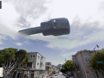 A Google Street View image of San Francisco with a UFO object in the sky