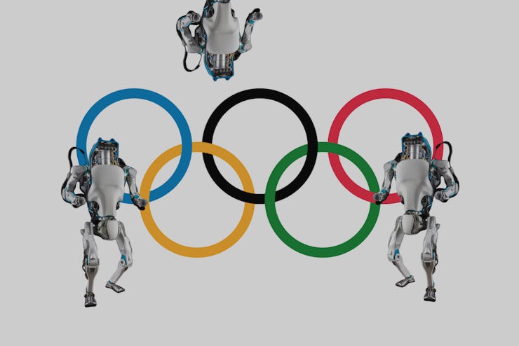 Olympic Rings logo with three robots next to it