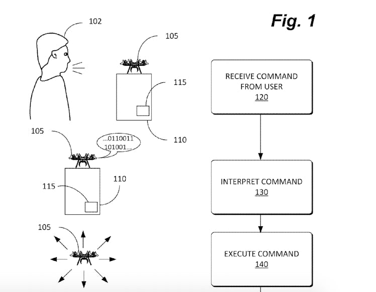 A portion of a drawing from Amazon's patent filing for pocket-sized, voice-controlled drones shows h...