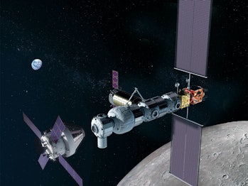 A NASA artist's rendering of the proposed Lunar Gateway that would orbit the moon and be the last st...