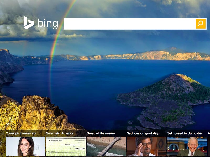 The Bing search bar with a lake and mountain wallpaper