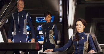 Doug Jones as Lt. Saru, Sonequa Martin-Green as First Officer Michael Burnham, and Michelle Yeoh as ...