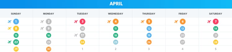 Table with travel dates from April