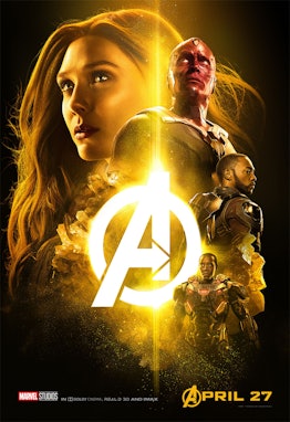 The yellow 'Infinity War' poster has Vision, Scarlet Witch, Falcon, and War Machine.
