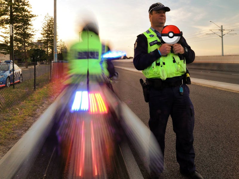 Collage of a policeman holding a Pokemon ball