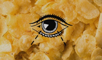 An illustrated eye over a picture of junk food - potato chips