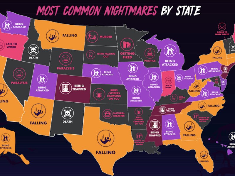 U.S. map that shows nightmares by State: Murder, falling, and personal attacks