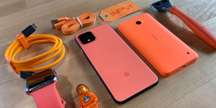 Orange and pink mobile phones and phone accessories 