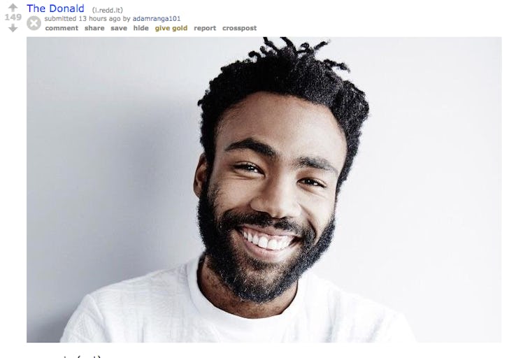 Donald Glover in a white shirt and "The Donald" text