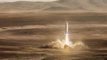 SpaceX's BFR, an earlier version of the Starship, landing on Mars. The image shows an artist concept...
