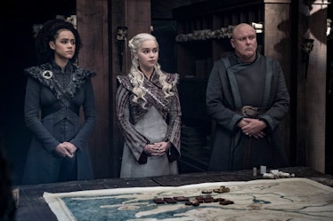 In official photo from Episode 4 showing Daenerys with two other advisers (Varys and Missandei), Tyr...