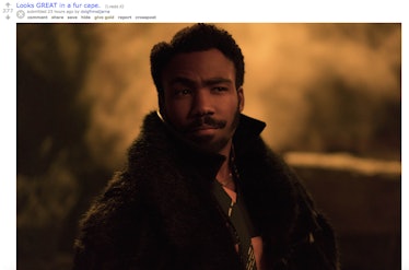Donald Glover and "Looks GREAT in a fur cape" text