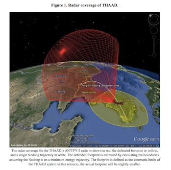 38 North's projections of the THAAD's radar coverage over North Korea and China. 