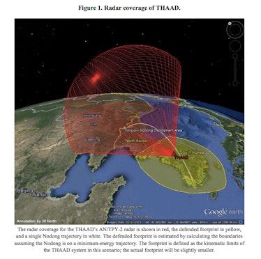 38 North's projections of the THAAD's radar coverage over North Korea and China. 