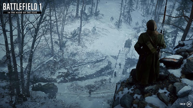 A screenshot from Battlefield 1 in a snowy forest
