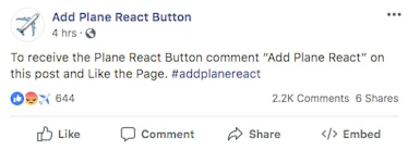 A screenshot of a "Add Plane React Button" user's Facebook post