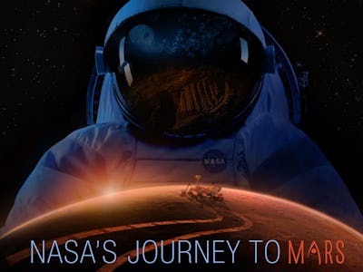 A collage poster with an astronaut and a rover moving on Mars