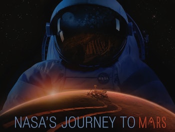 A collage poster with an astronaut and a rover moving on Mars