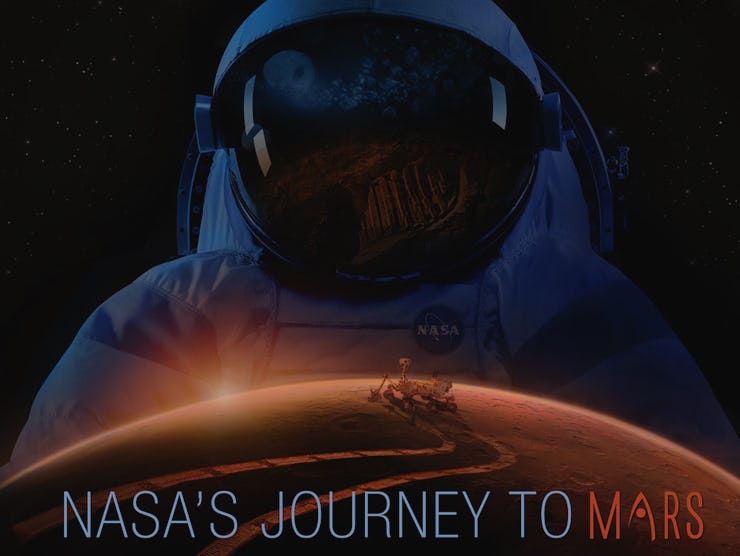 A collage poster with an astronaut and a rover moving on Mars