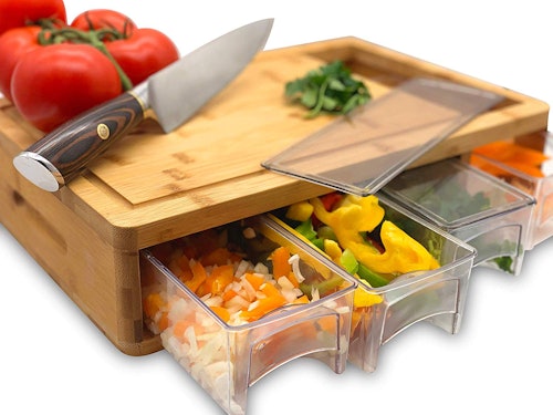 Simpli Better Bamboo Cutting Board With Prep Trays and Lids