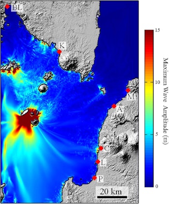  A simulation of a volcanic event showed the potential for waves of 15 meters or more locally (in re...