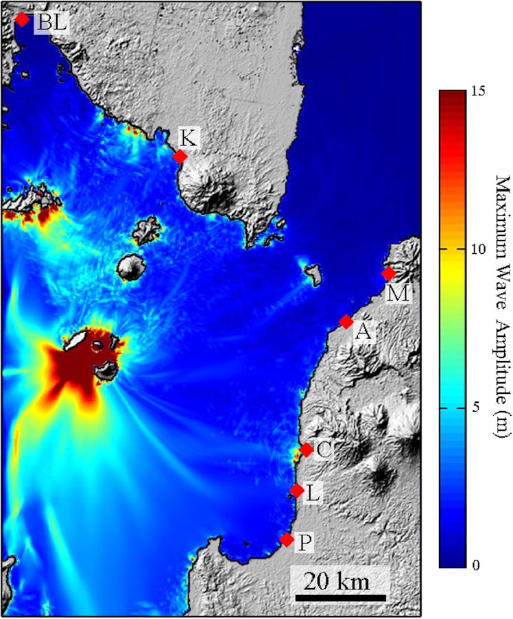  A simulation of a volcanic event showed the potential for waves of 15 meters or more locally (in re...