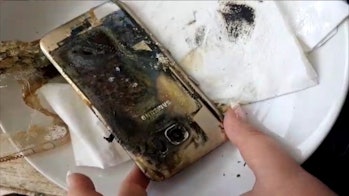 A woman holds a burnt Samsung Galaxy S7 on a dinner plate after it spontaneously combusted.