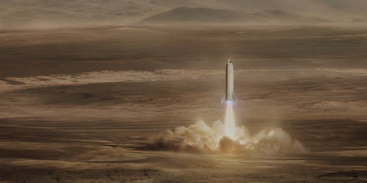 A digital illustration of a rocket leaving Mars