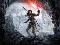 Lara Croft from Tomb Raider entering a dark cave surrounded by mountains