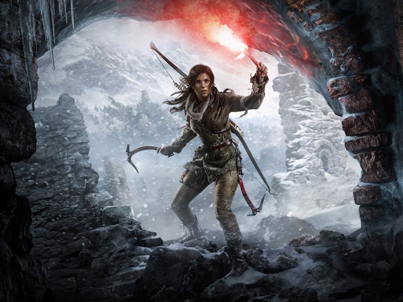 Lara Croft from Tomb Raider entering a dark cave surrounded by mountains