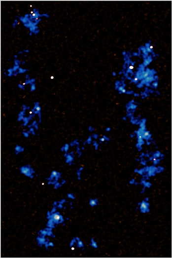This map shows the gas filaments (blue) that run from the top to the bottom of the image, detected u...