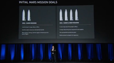 In 2017, Elon Musk lays out the first SpaceX missions to Mars and their purposes.