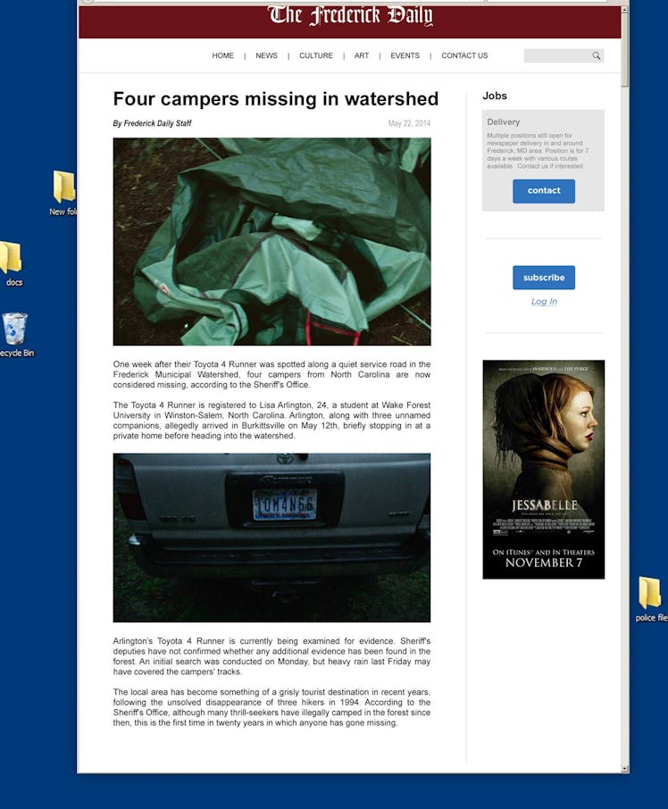 Fake Facebook newspaper page for Blair Witch