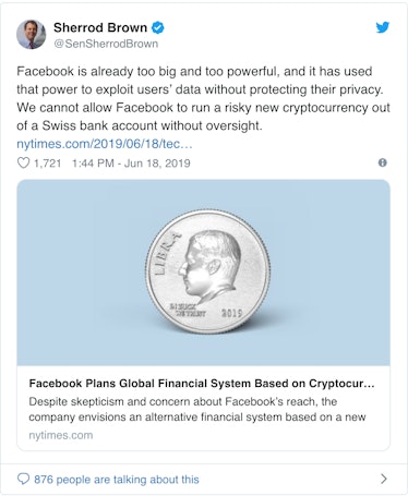 Sherrod Brown's Twitter post writing about Facebook plans on Crypto