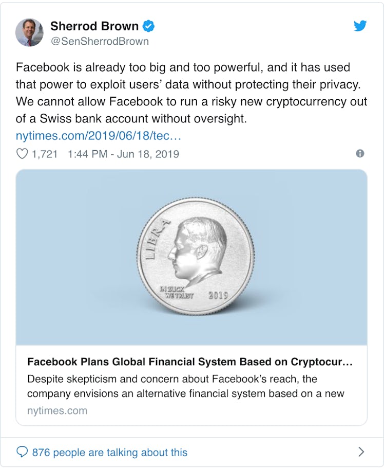 Sherrod Brown's Twitter post writing about Facebook plans on Crypto