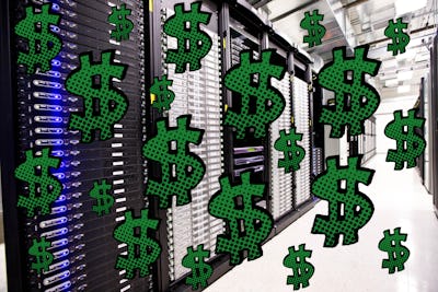 A large server room and illustrated green dollar bill signs