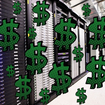 A large server room and illustrated green dollar bill signs