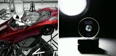 The "Spaceman" Tesla Roadster and the Arch containing the Asimov 'Foundation" trilogy.